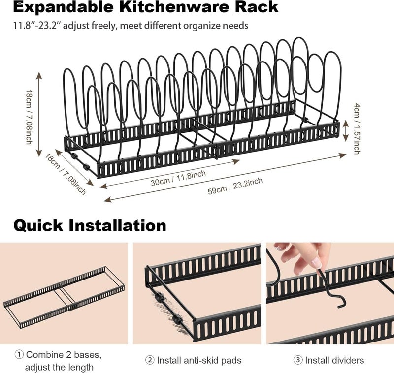 Housolution 2 Pack Pot and Pan Organizer Rack, 12"-23" Expandable Pot Lid Organizer with 14 Adjustable Dividers, Pan Holder Storage Rack for Kitchen Cabinet, Black - Image 5